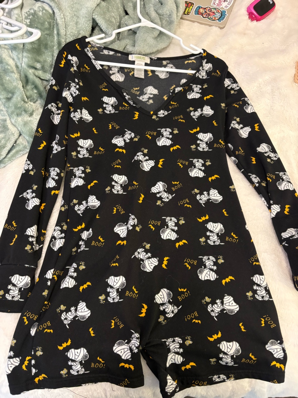 Peanuts Black Top with White Mummy and Orange Bat Accents